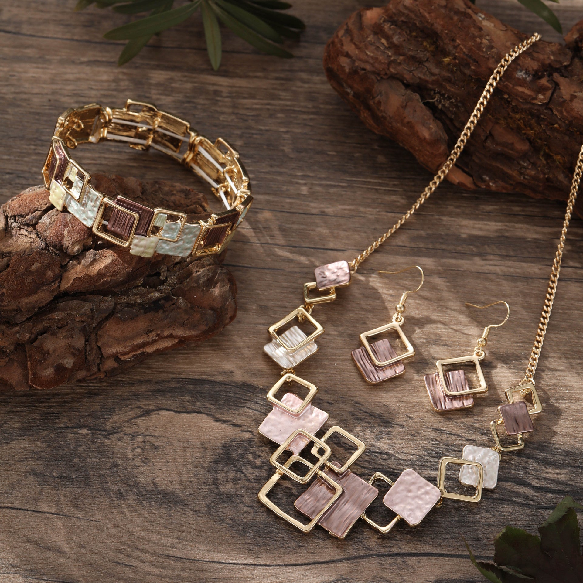 Geometric Square Color Oil Jewelry Set – Earrings, Bracelet & Necklace, Original Design