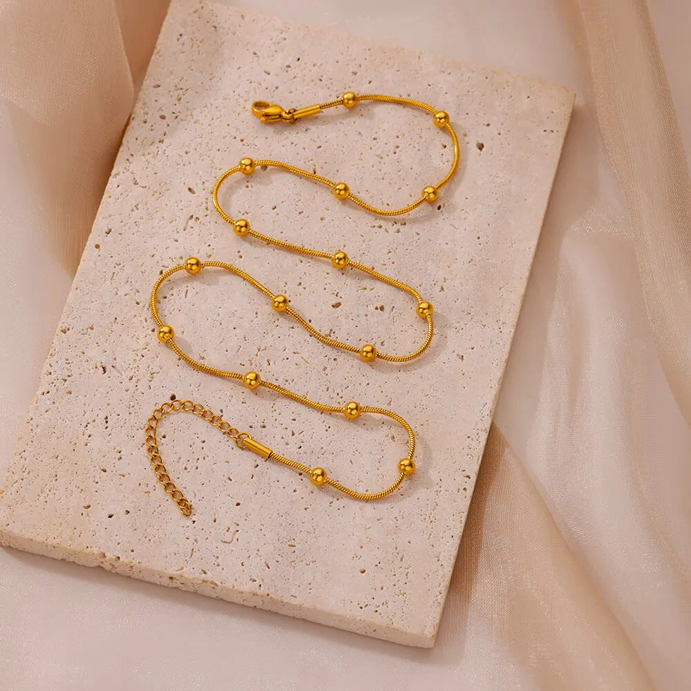Gold Beaded Snake Chain Necklace – 18K Gold-Plated Stainless Steel, Minimalist, Women's