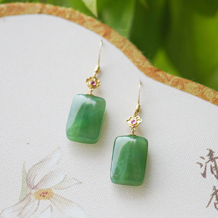 Gold Jade Rectangle Drop Earrings – Auspicious Jasper Hanfu Ear Hooks for Women
