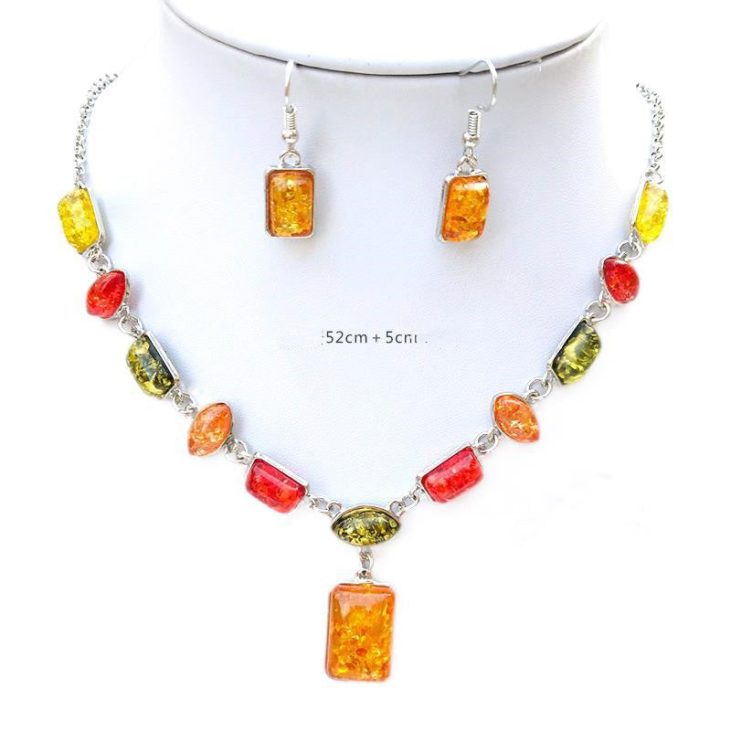 Imitation Amber Jewelry Set – Earrings & Necklace, Gem-Inlaid, European Style, Women's