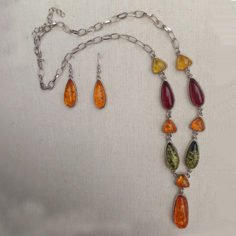 Amber Gemstone Necklace & Earring Set – Mixed Gem Inlay Box Chain Boho Luxury Jewelry for Women