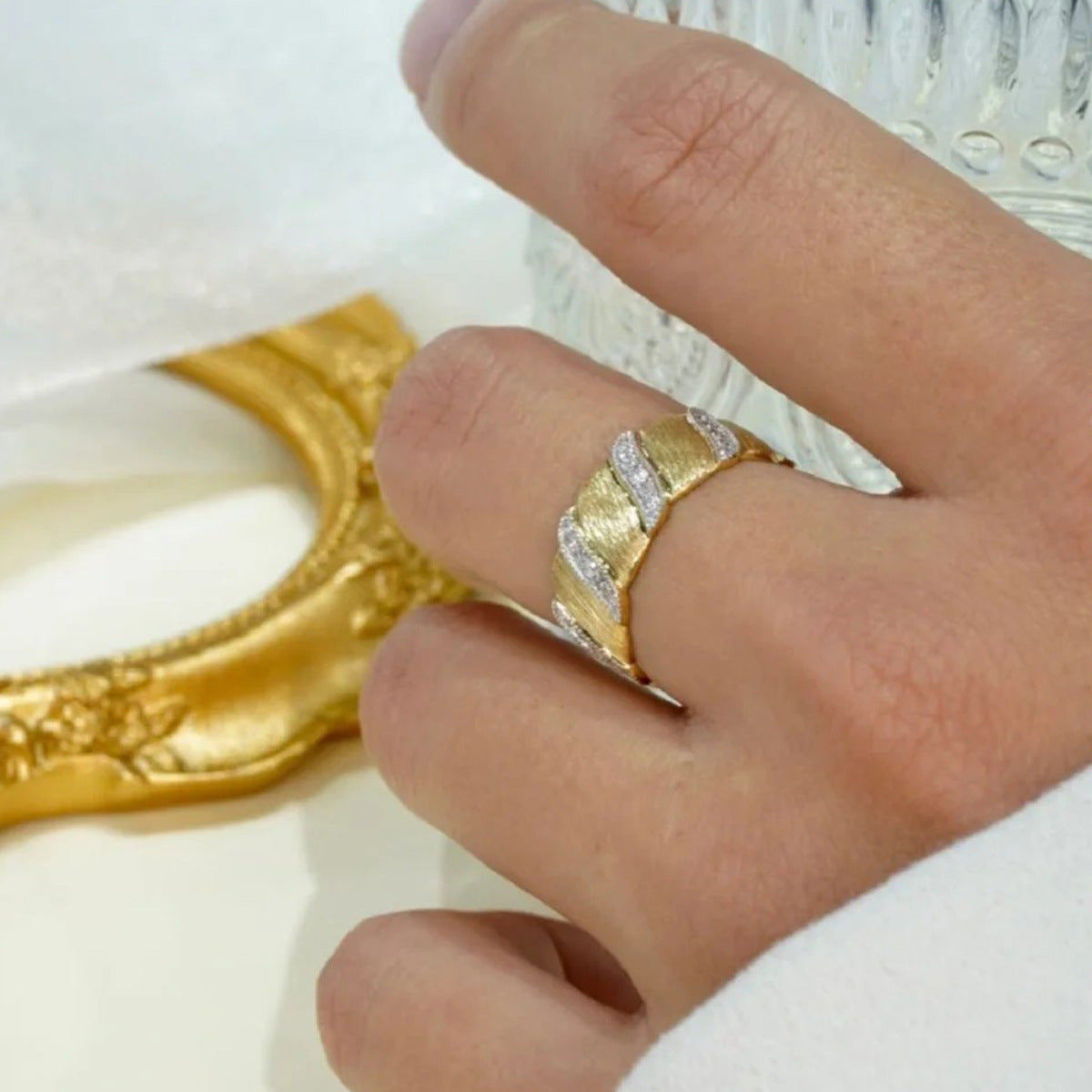 Vintage Sterling Silver Ring – Gold-Plated Brushed Finish