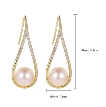 Gold Pink Pearl Teardrop Ear Hooks – Rhinestone Shell Pearl Drop Earrings for Women