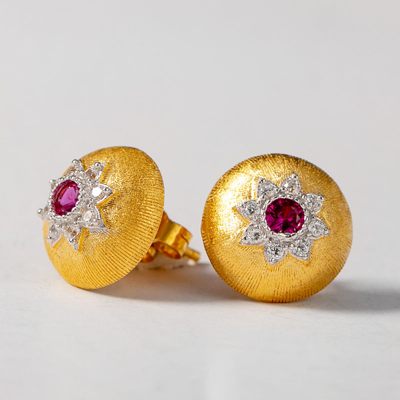 Vintage Gold Ruby Zircon Dome Stud Earrings – Two-Tone Electroplated Silver Luxury Jewelry for Women