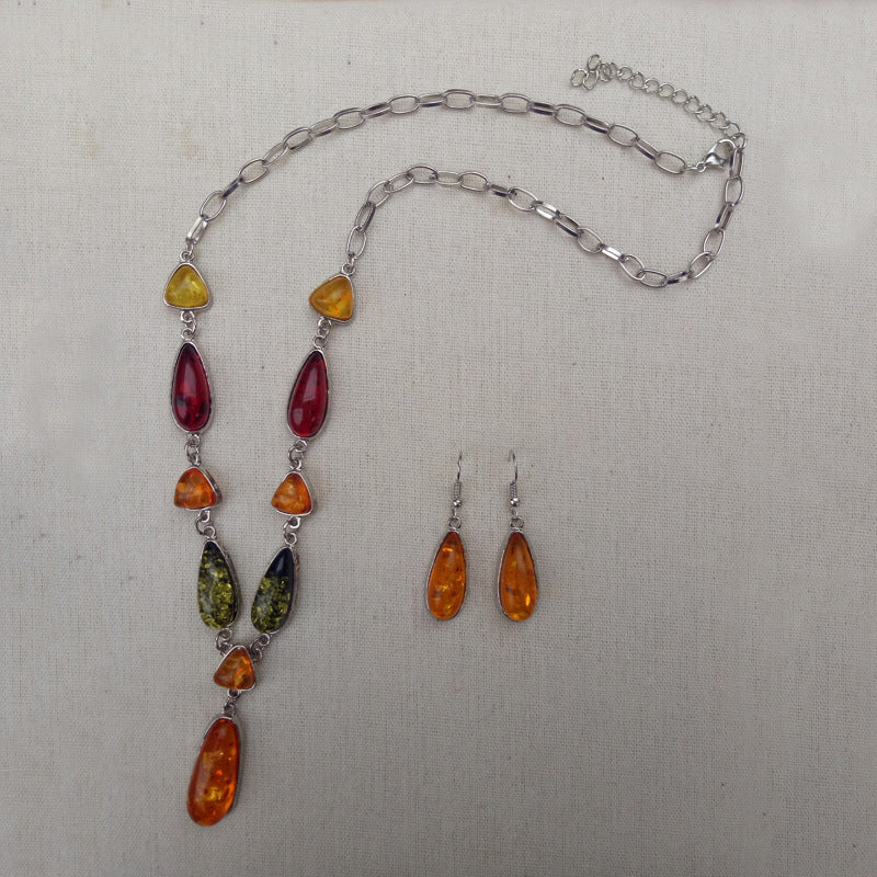 Amber Gemstone Necklace & Earring Set – Mixed Gem Inlay Box Chain Boho Luxury Jewelry for Women