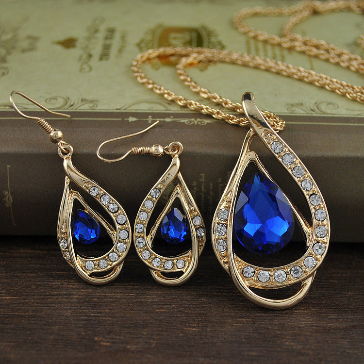 Crystal Drop Jewelry Set – Necklace & Earrings, Blue, Green, Red & White