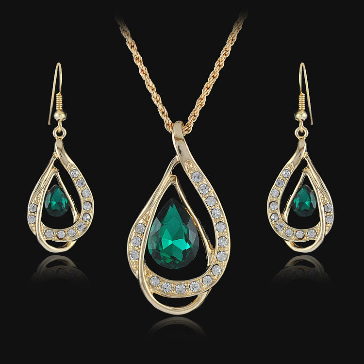 Crystal Drop Jewelry Set – Necklace & Earrings, Blue, Green, Red & White