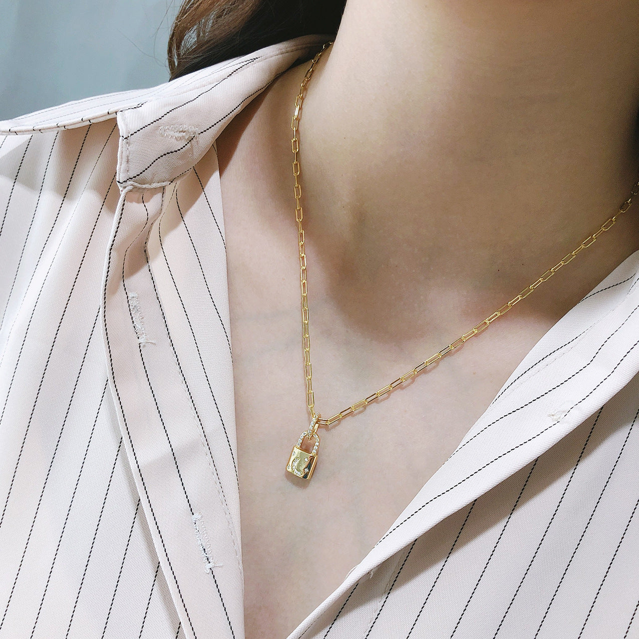 18K Gold Diamond Lock Necklace – Silver, Geometric, INS Style, Women's
