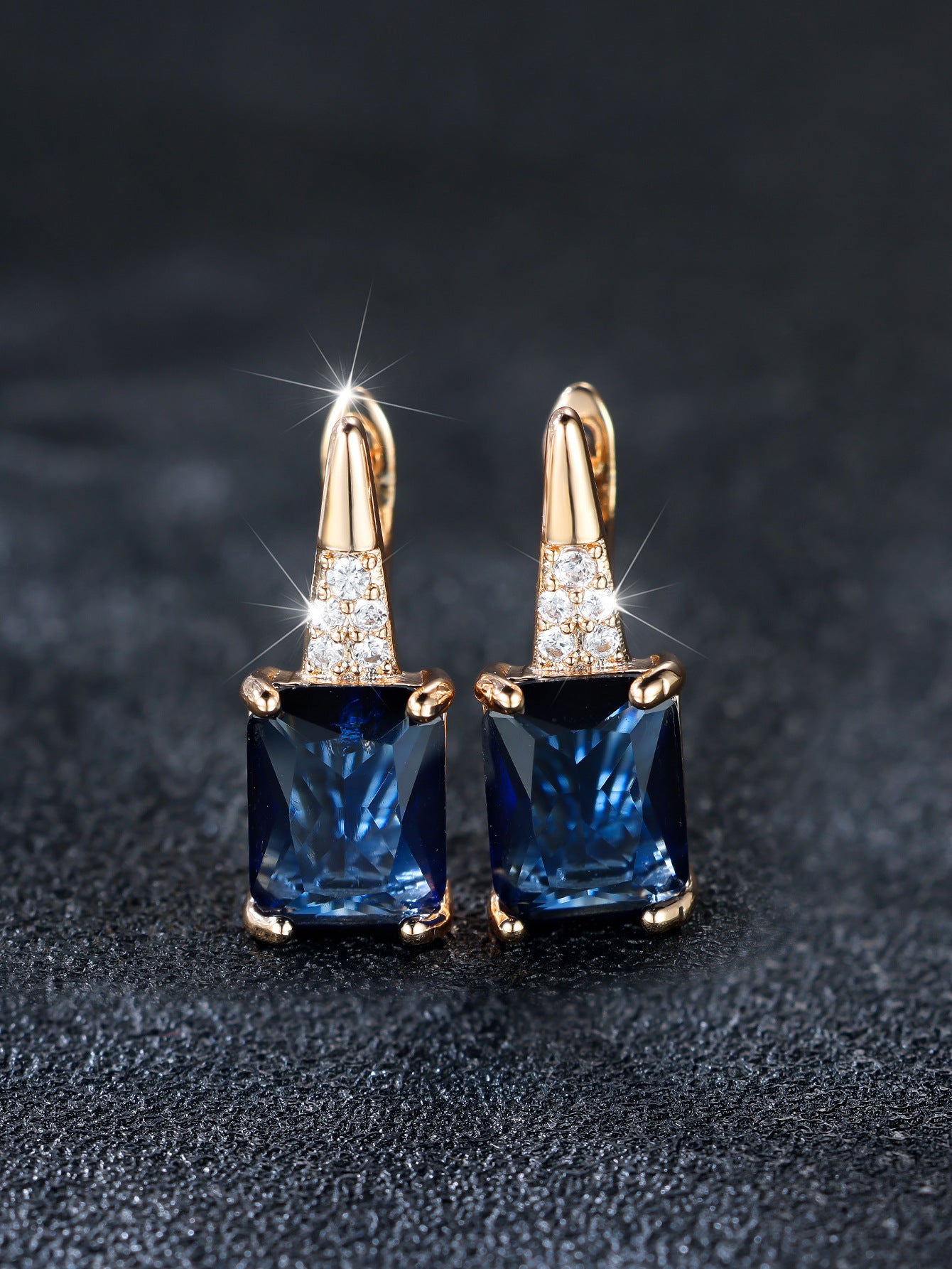 Champagne Gold Sapphire Blue Rectangle Drop Earrings – Copper Diamond-Cut Luxury Jewelry for Women