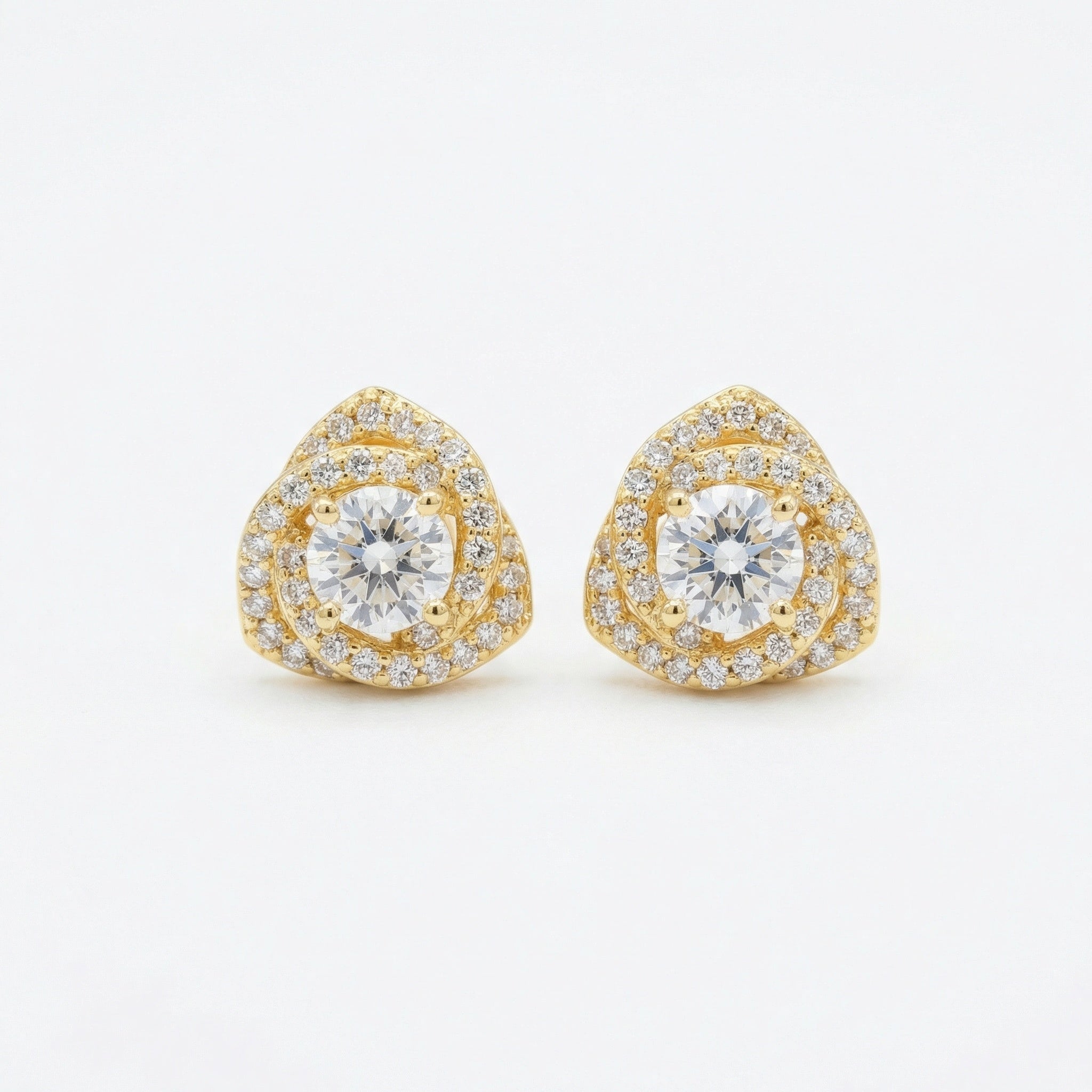 Double Halo Stud Earrings – 925 Sterling Silver Triangular Silhouette