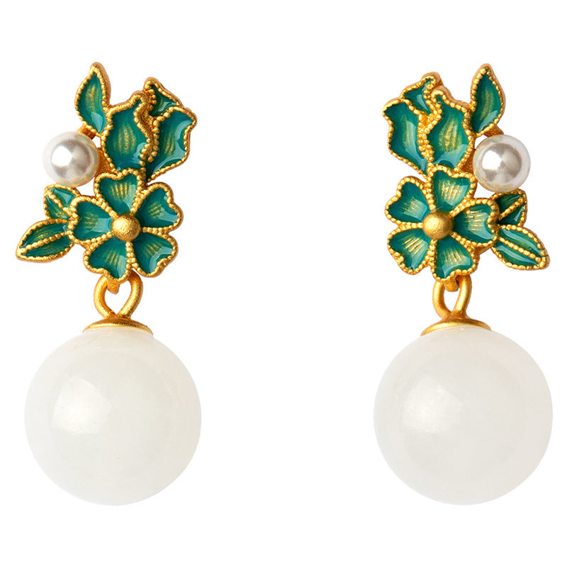 Hetian Jade & Pearl Flower Cluster Drop Earrings – Gold Enamel Retro Court Luxury Jewelry for Women