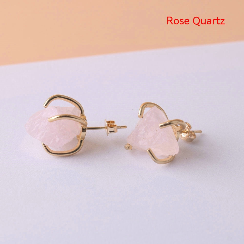 Gold Four-Claw Raw Crystal Stud Earrings – Electroplated Copper Natural Stone Luxury Jewelry for Women