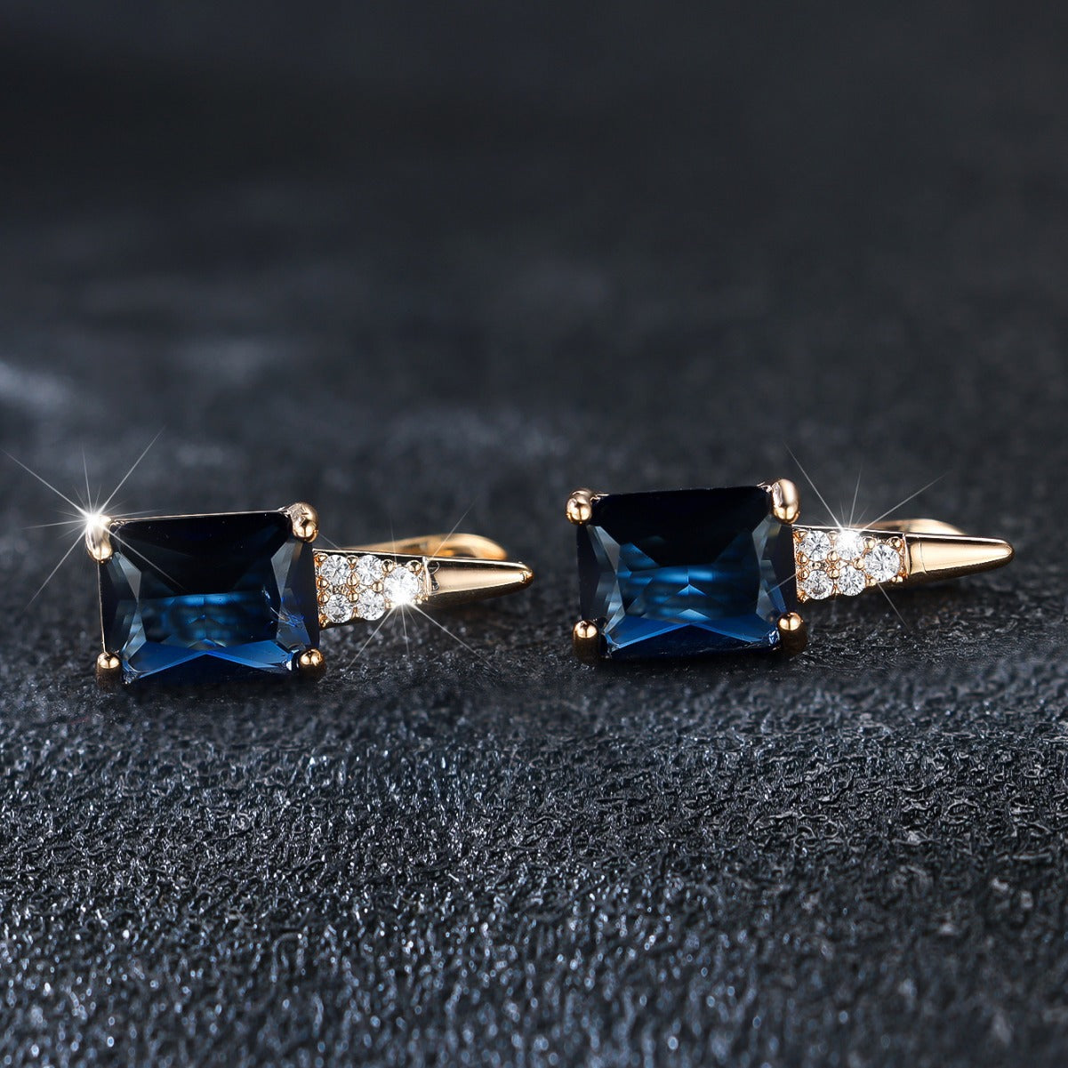Champagne Gold Sapphire Blue Rectangle Drop Earrings – Copper Diamond-Cut Luxury Jewelry for Women