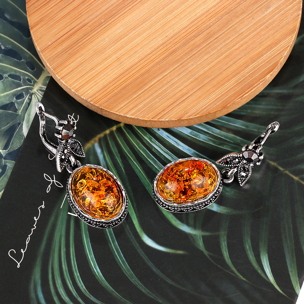 Geometric Retro Amber Stud Earrings – Antique Silver Alloy with Inlaid Semi-Precious Stone | Women's Luxury Jewelry