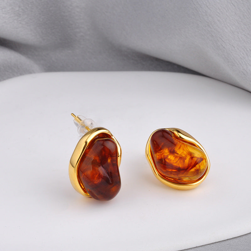 Vintage Amber Geometric Stud Earrings – 18K Gold Electroplated Copper Luxury Jewelry for Women