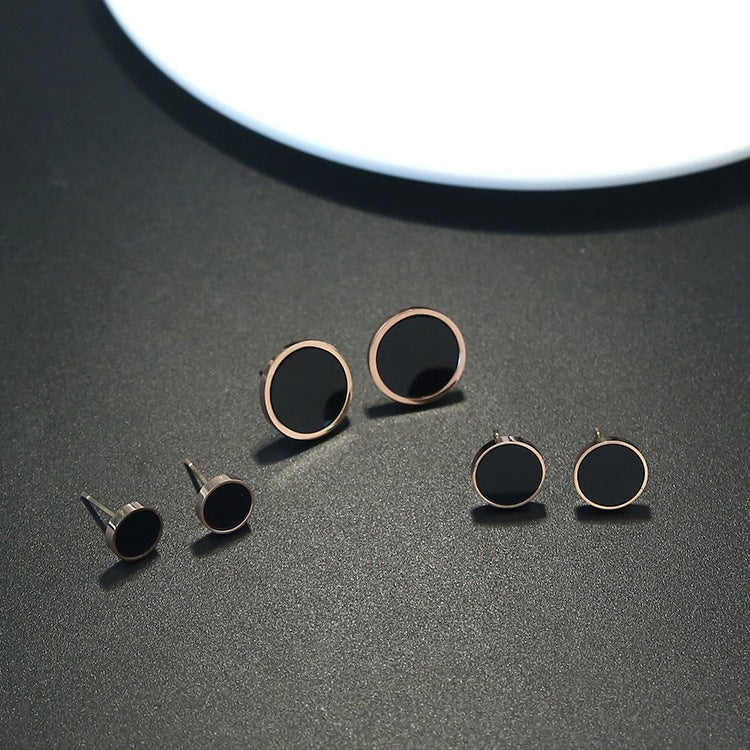 Black Round Titanium Steel Stud Earrings – Minimalist Geometric Luxury Jewelry for Women
