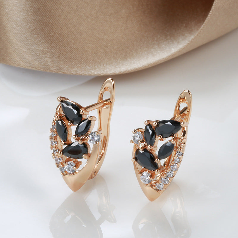Rose Gold Black Agate Flower Drop Earrings – S585 Copper Geometric Luxury Jewelry for Women