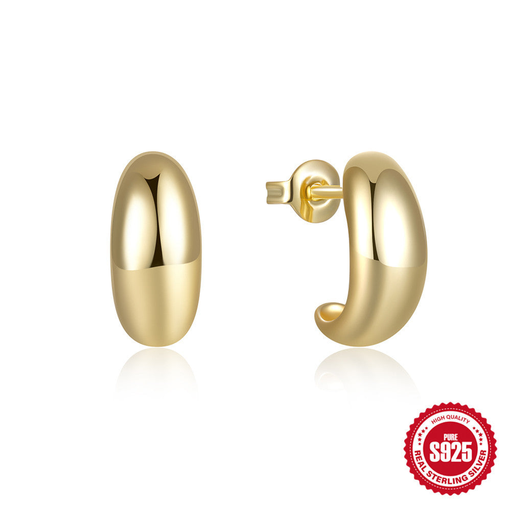 C-Shape Glossy Stud Earrings – 925 Sterling Silver, Geometric, Gold & Silver