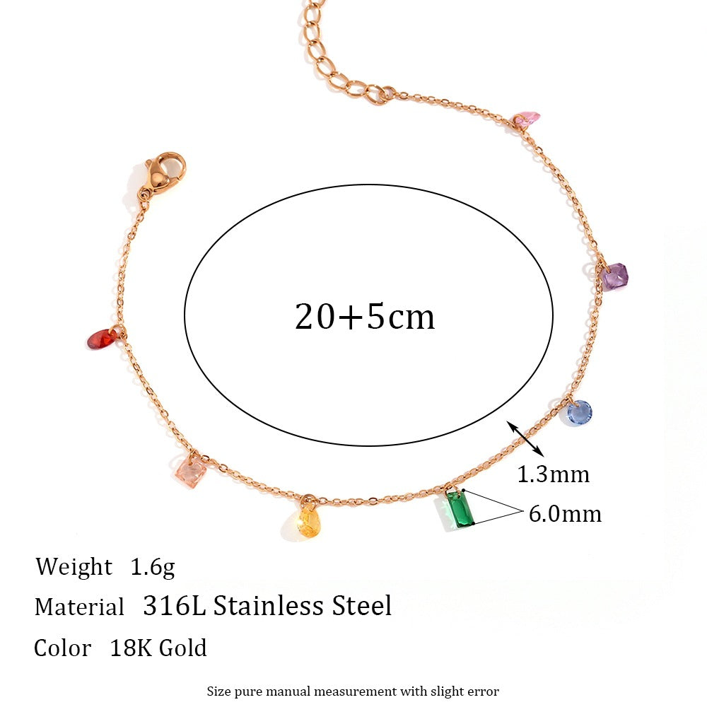 Color Zircon Charm Jewelry – 18K Gold Stainless Steel, Necklace, Bracelet & Anklet, Women's