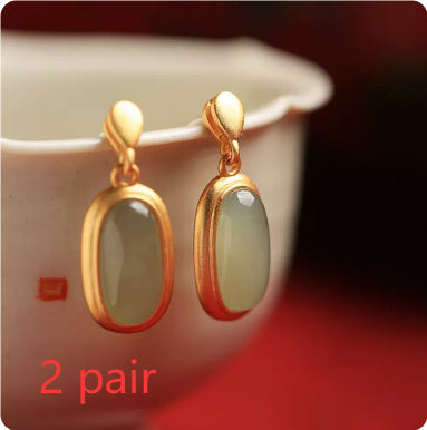 Ancient Gold Hetian Jade Drop Earrings – Copper National Style Ellipse Luxury Jewelry for Women