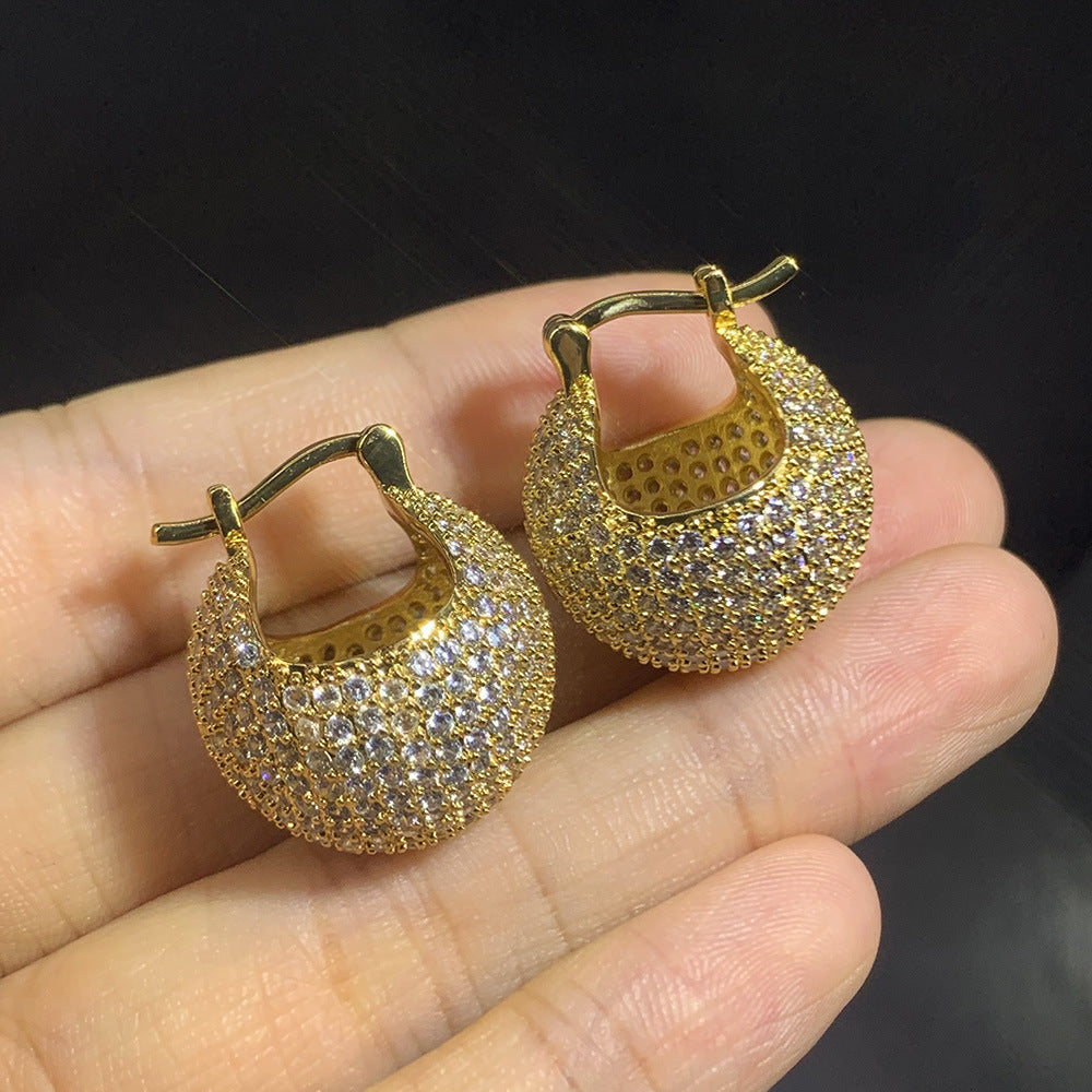 18K Gold Zircon Ball Huggie Ear Clips – 925 Silver Copper Ellipse Earrings for Women