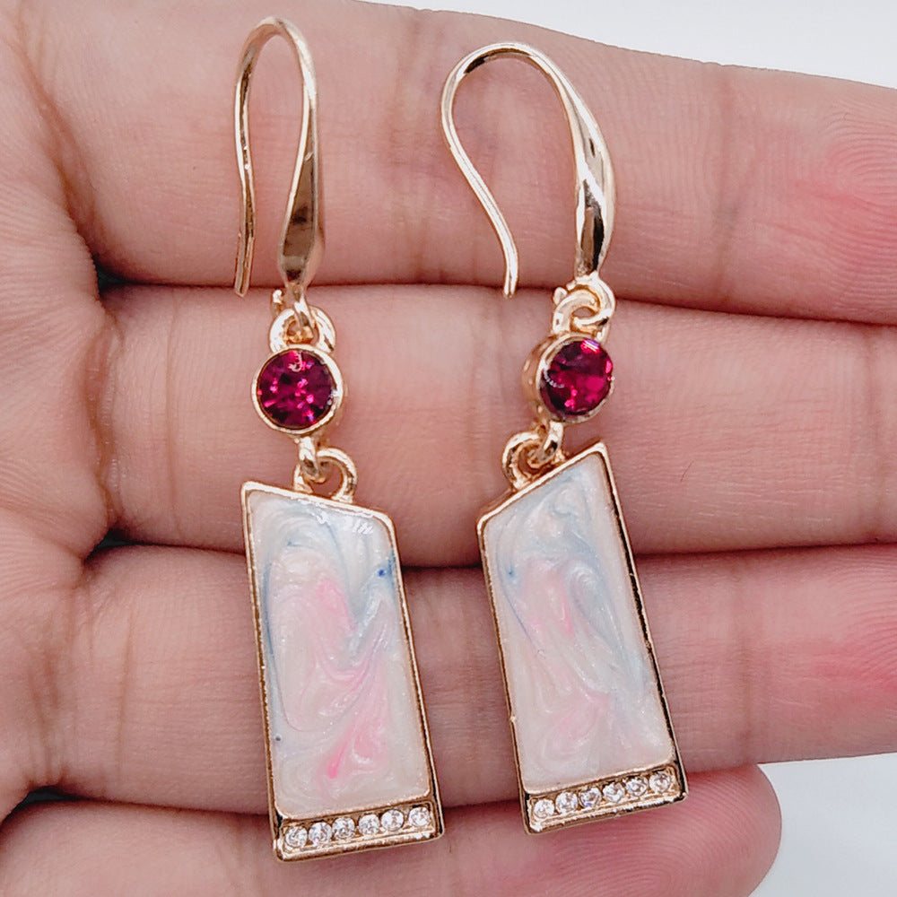 Retro Rose Quartz Drop Earrings – Gold-Plated Brass Ear Hooks for Women