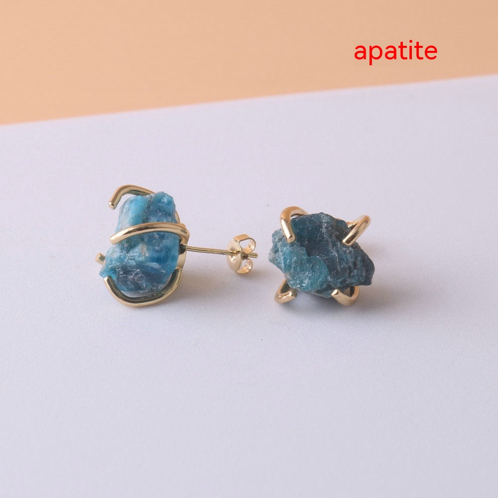 Gold Four-Claw Raw Crystal Stud Earrings – Electroplated Copper Natural Stone Luxury Jewelry for Women