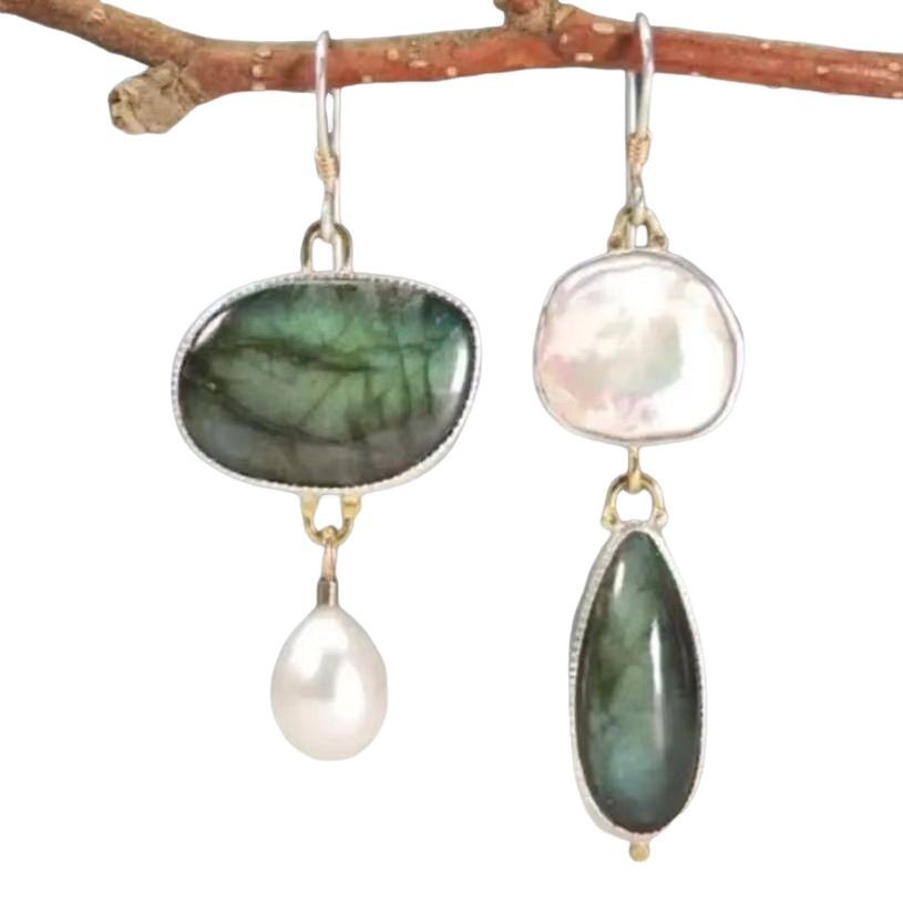 Irregular Amber Pearl Drop Earrings – Retro Geometric Silver
