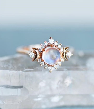 Moonstone Solitaire Ring – Gold Diamond Cluster