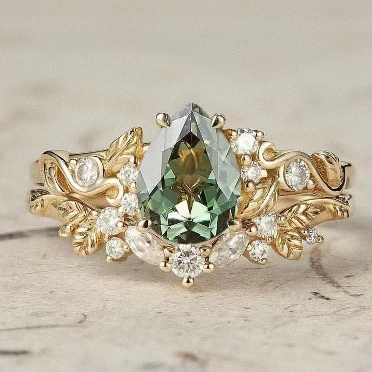 Gold Leaves & Flowers Couple Ring – Green Stone