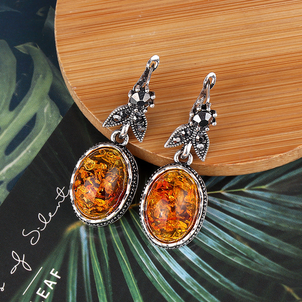 Geometric Retro Amber Stud Earrings – Antique Silver Alloy with Inlaid Semi-Precious Stone | Women's Luxury Jewelry