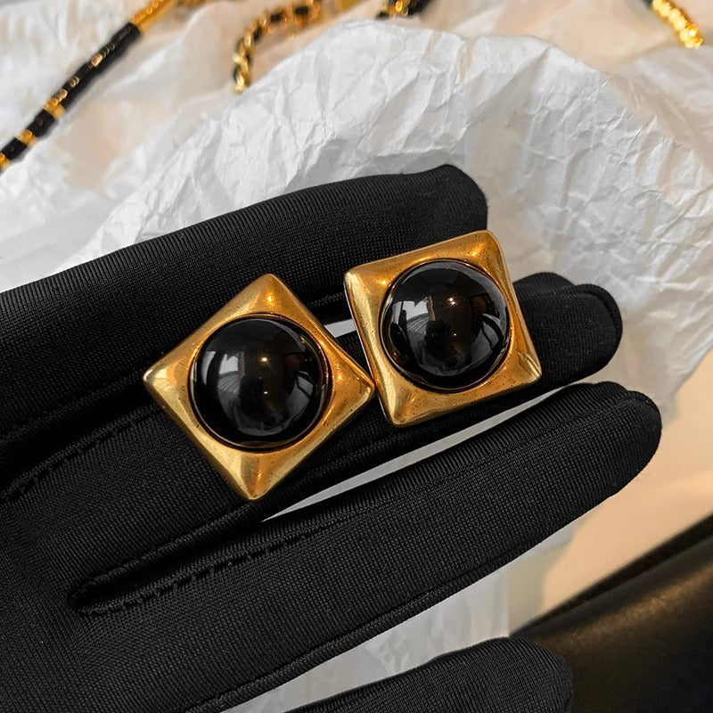 Square Black Agate & Gold Geometric Stud Earrings – Ancient-Inspired Luxury Jewelry for Women