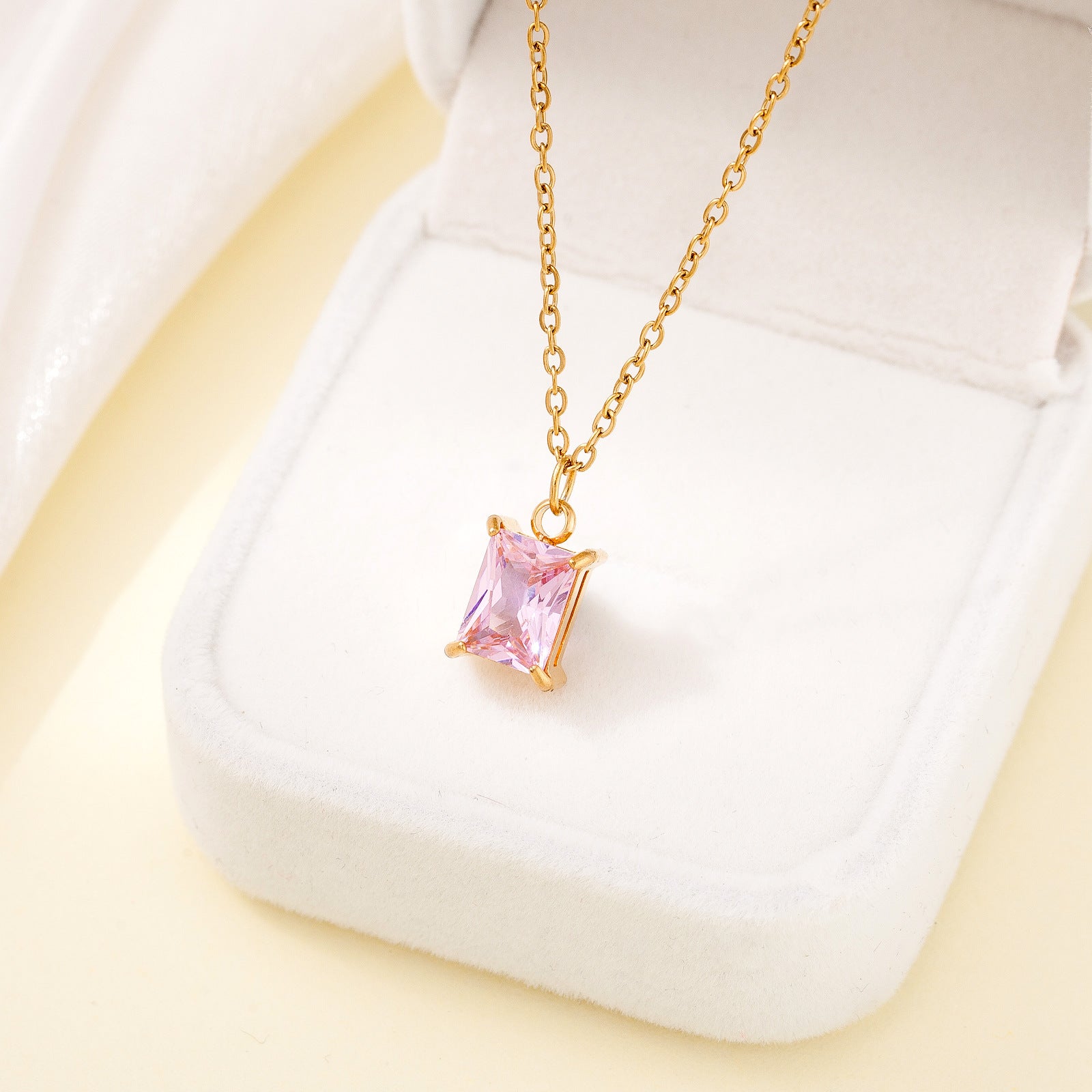 Square Gem Pendant Necklace – 18K Gold, Stainless Steel, O-Ring Chain, Unisex