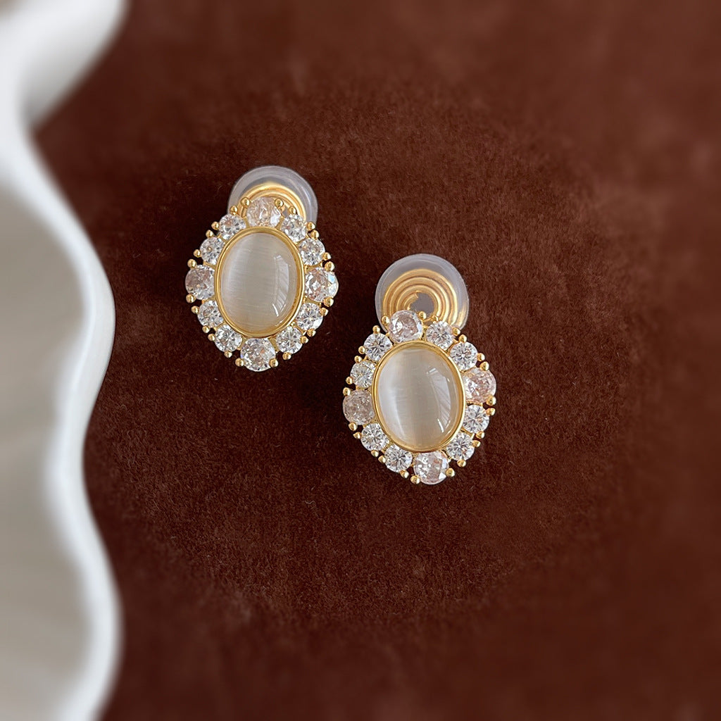 Gold Glass Opal Oval Ear Clips – Micro Inlay CZ Affordable Luxury Earrings for Women