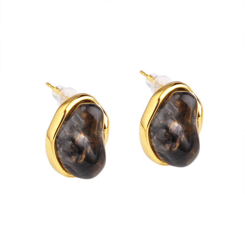 Vintage Amber Geometric Stud Earrings – 18K Gold Electroplated Copper Luxury Jewelry for Women
