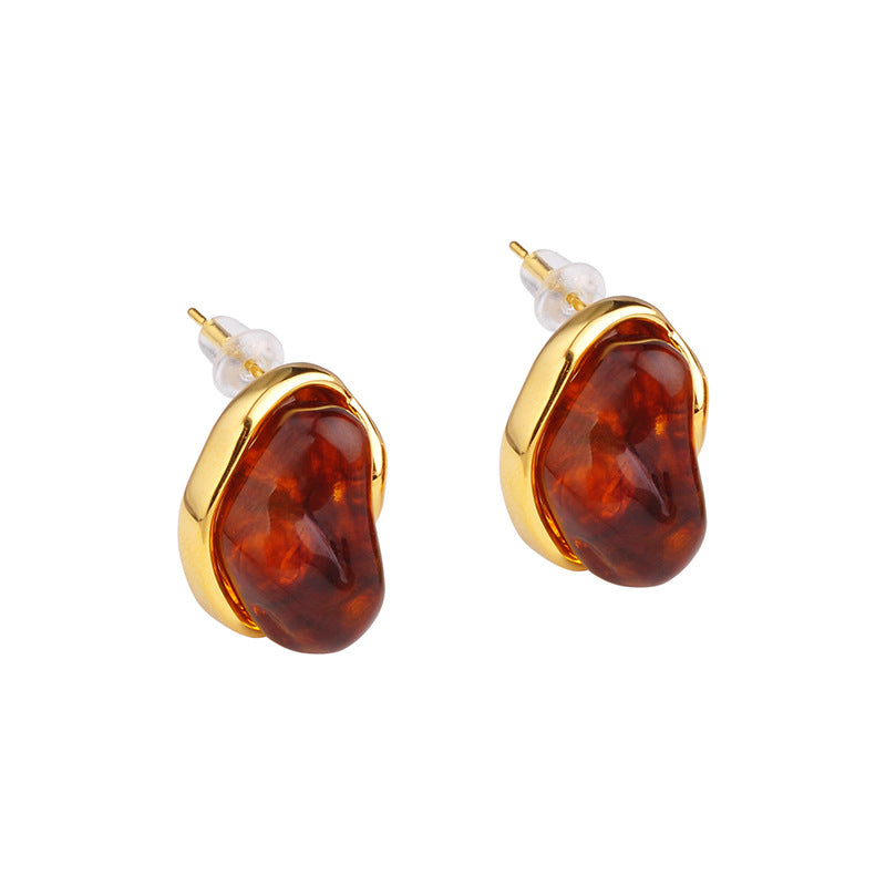 Vintage Amber Geometric Stud Earrings – 18K Gold Electroplated Copper Luxury Jewelry for Women