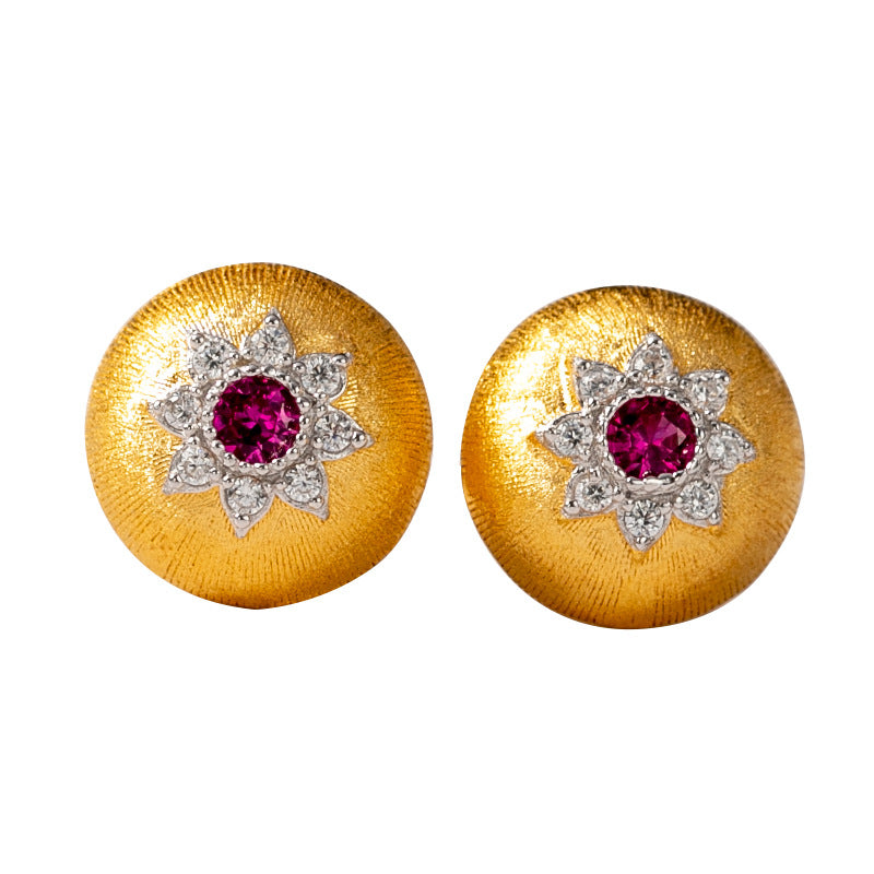 Vintage Gold Ruby Zircon Dome Stud Earrings – Two-Tone Electroplated Silver Luxury Jewelry for Women