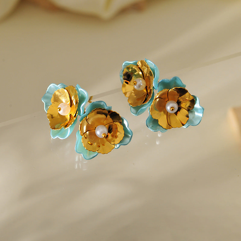 Gold Flower Petal Earrings – Retro Stainless Steel Studs for Women