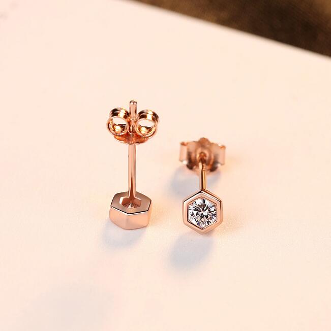 Rose Gold Zircon Stud Earrings – 925 Sterling Silver, Hexagon Bezel
