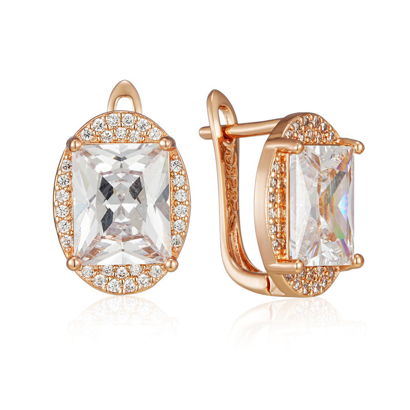 Rose Gold Square Zircon Halo Drop Earrings – Copper INS Style Luxury Jewelry for Women