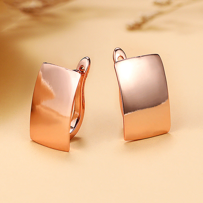 Rose Gold Rectangular Ear Clips – Geometric Copper Huggie Earrings for Women