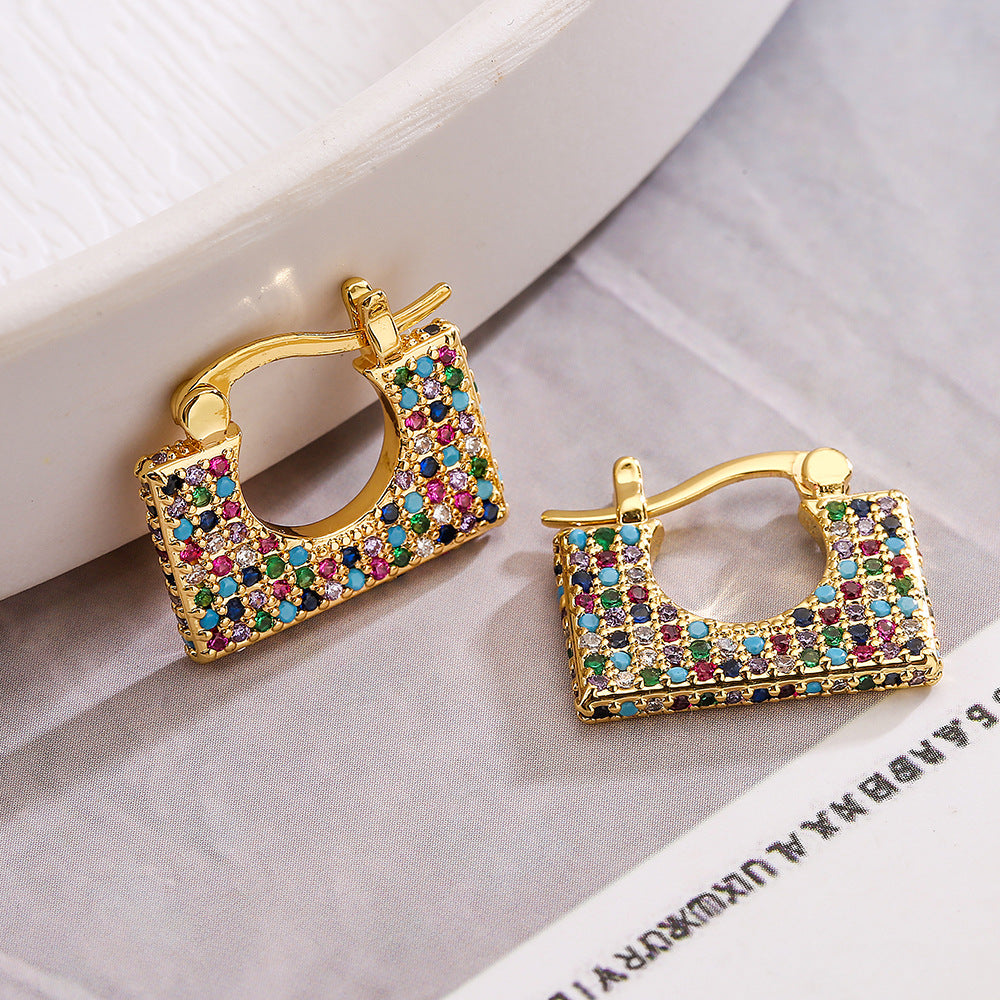 Gold Pavé Zircon Square Hoop Earrings – Electroplated Copper Irregular Luxury Jewelry for Women