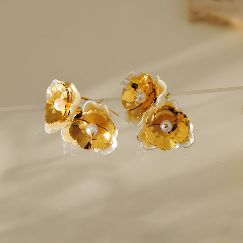 Gold Flower Petal Earrings – Retro Stainless Steel Studs for Women
