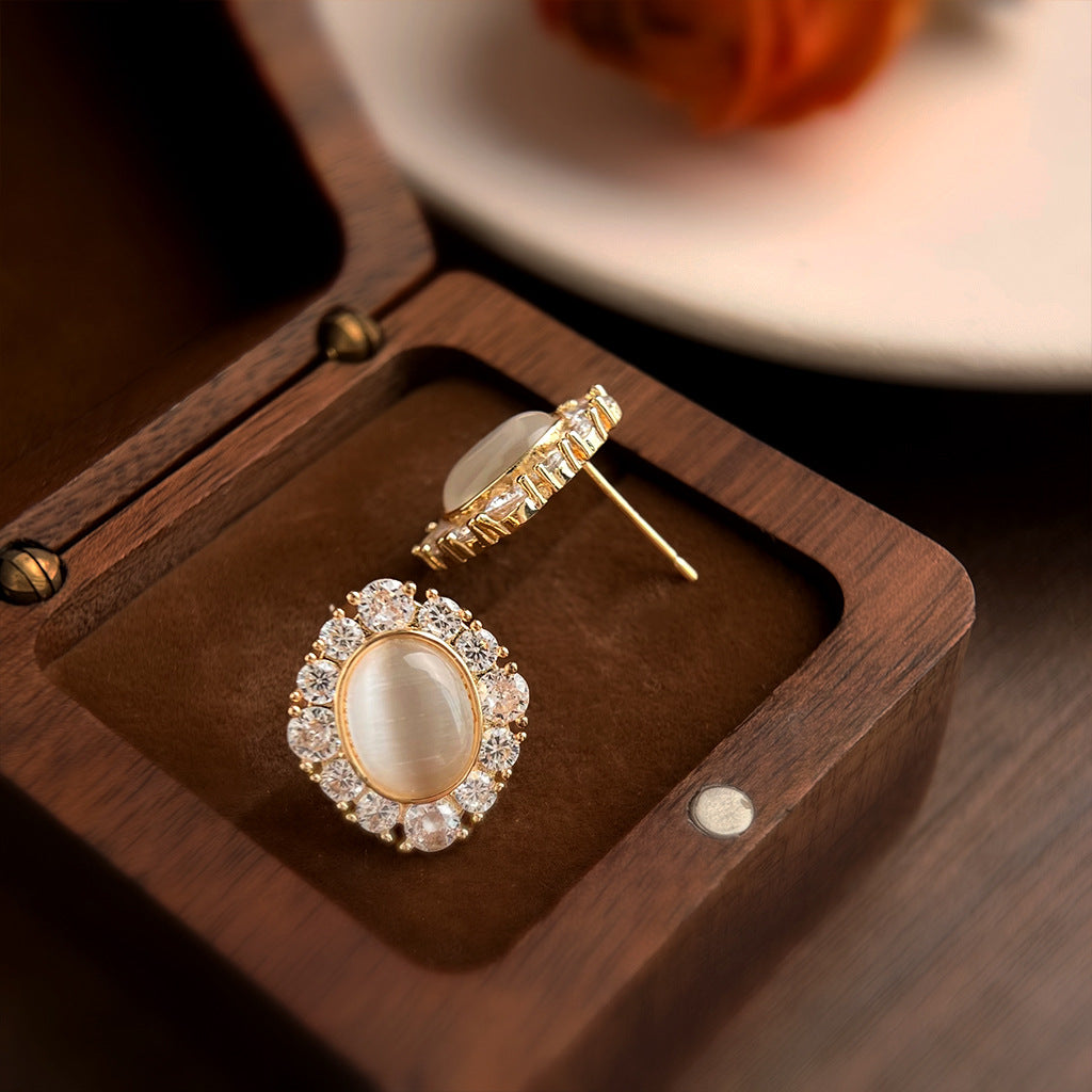 Gold Glass Opal Oval Ear Clips – Micro Inlay CZ Affordable Luxury Earrings for Women