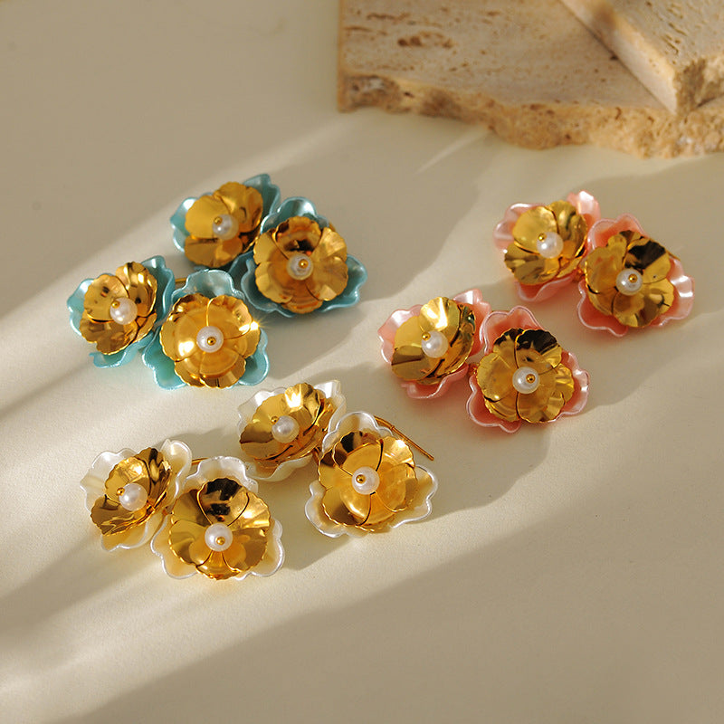 Gold Flower Petal Earrings – Retro Stainless Steel Studs for Women