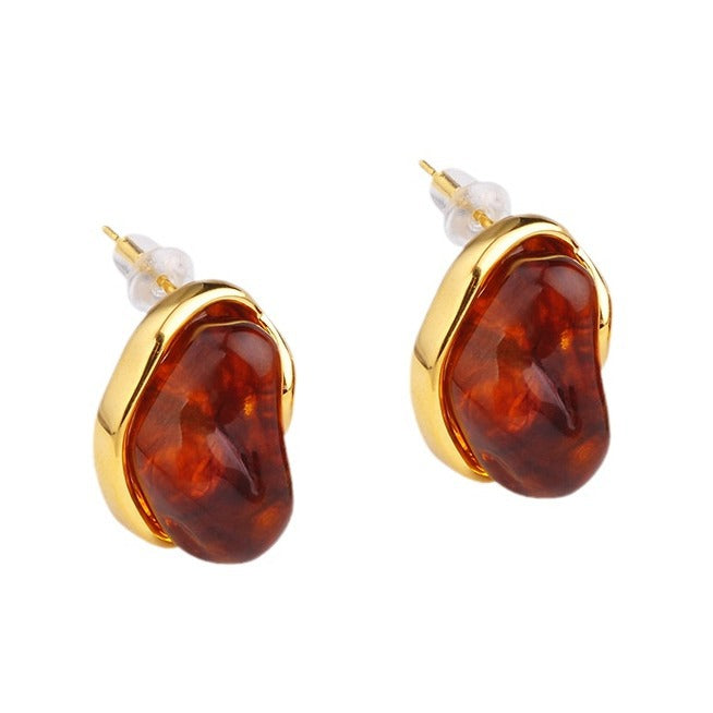 Vintage Amber Geometric Stud Earrings – 18K Gold Electroplated Copper Luxury Jewelry for Women