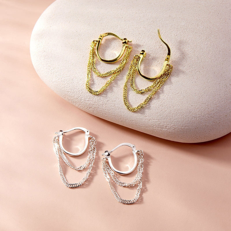 18K Gold-Plated French Chain Hoop Earrings — Geometric Everyday Elegance