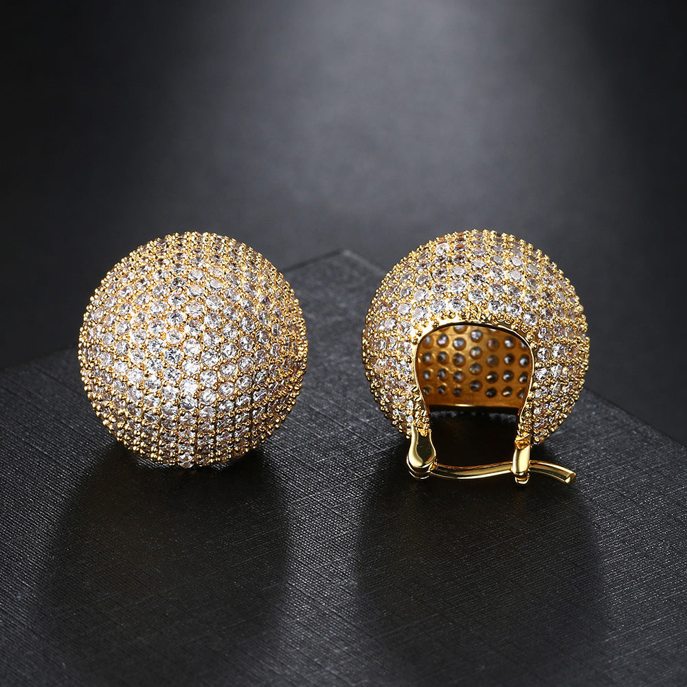 18K Gold Zircon Ball Huggie Ear Clips – 925 Silver Copper Ellipse Earrings for Women