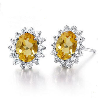 Natural Citrine & Crystal Halo Stud Earrings – 925 Silver Gold-Plated Luxury Jewelry for Women