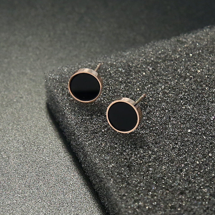Black Round Titanium Steel Stud Earrings – Minimalist Geometric Luxury Jewelry for Women